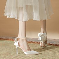 One Buckle Pearl Chain French Toe Women’s Sandals,New Summer White ,Champagne Heels,