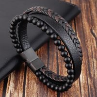 Hot Selling Natural Volcanic Stone Multi-layer Men’s Leather Woven Bracelet