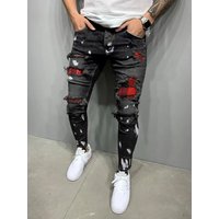 Slim Fit Distressed Jeans – Stretch Cotton Skinny Denim Pants Tapered Leg & Ripped Details Streetwear