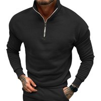 Men's Casual Plus Velvet Solid Color Long-Sleeved Half-Zipper Polo Stand-Up Collar Top