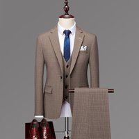 3 Piece Slim Fit Plaid Suit Business Banquet Wedding Blazer Vest & Trousers Set 