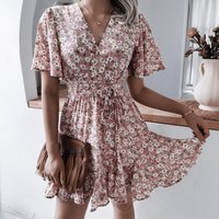Summer Casual Short Sleeved V neck Floral Ruffled Pleated Dress