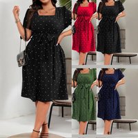Plus Retro Polka Dot Dress Elegant Square Neck & Wrap Waist Flared Swing Skirt Soft Cotton Blend