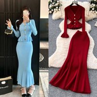 French Style Autumn Winter Outfit Set: Flared Sleeve Knit Top & High Waist Fishtail Skirt For Women