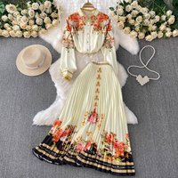 Women’S Printed Long-Sleeve Blouse & High-Waisted Pleated Skirt Set – Elegant Office Wear (One Size, 5 Colors)
