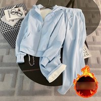 Korean Winter Lounge Set – Fleece Lined Tracksuit Wide Leg Pants 
