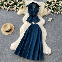 Clothing Age Reducing Suit Summer Light Mature Style Pleated Waist Lapel Sleeveless Denim Top + High Waist Skirt