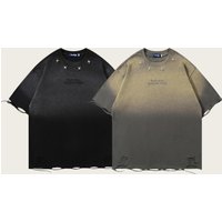  Hip Hop Washed Distressed T Shirt Oversized Streetwear Tee Gradient Print & Raw Hem 