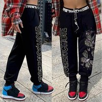 Embroidered Crystal Joggers High Waisted Butterfly Print Tapered Pants 