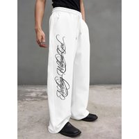 Casual Sweatpants Featuring Elastic Waistband Trendy Linear Graphic Elements.
