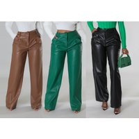  PU Leather Wide Leg Pants – High Waist Loose Fit Casual Trousers Pockets 