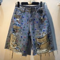 Women's High Waist Distressed Denim Shorts With Rhinestone Embroidery - Vintage Retro Style, Comfortable Straight Leg Fit, Summer Casual Midi Shorts