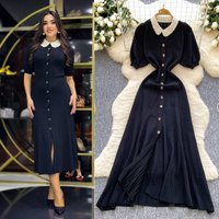 Women's Clothing Lace Collar Puff Sleeves Slim Fit Short Sleeves Knitted Dress Single Row Gold Button Long Skirt
