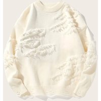 Men's Stylish Oversized Knit Sweater With Raw Edge Detail - Cozy Round Neck Pullover For Urban Streetwear (Available In Black & Beige)