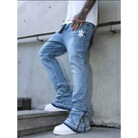 Men's Dollar Print Jeans - Spring Summer Relaxed Bootcut Straight Denim Pants With Whisker Wash
