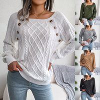 Women’s clothing Autumn and Winter Casual Square Neck Button Twist Knit Pullover Sweater Independent Women’s Clothing
