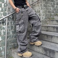 American Retro Washed Cargo Jeans Pocket Loose Straight Leg Casual Wide Leg Trendy Cross Border Version
