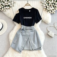 Clothing ins round neck off shoulder mid length T shirt layered short sleeved two piece suit high waisted denim skirt