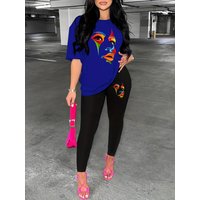 Female Casual Loose Fashion Personalized Portrait Pattern Print Loose T shirt+cropped Pants Two piece Set Home Sportswear Daily Wear 257