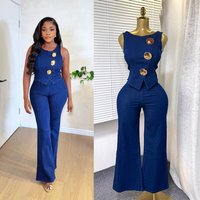 Temperament Design Buckle Round Neck Sleeveless Vest+High Waist Wide Leg Pants Denim Set