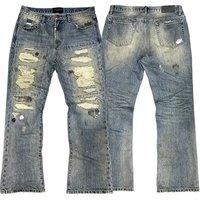 Retro Patchwork Ripped Jeans High Street Style Distressed Finish Knife Cut Splatter Paint Dirty Wash Design mid Waist