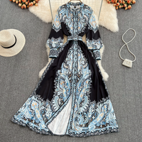 Clothing Palace Style Stunning Skirt Elegant Print Temperament Stand Collar Single Breasted Waist Slimming Big Swing Dress
