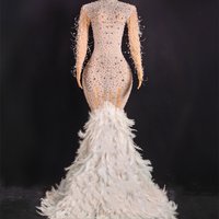 Women’s Clothing Fashion Sexy Mesh Hot Diamond Perspective One Piece Feather Long Dress Evening Dress Stage Performance Costume Ym