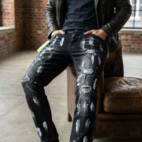 Men's Slim Fit Distressed Jeans Ripped Denim Pants Black/Grey Stretch Comfort Mid Waist Long Cotton Pencil Pants