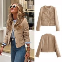 Clothing style metal button pocket woolen short outer breasted top