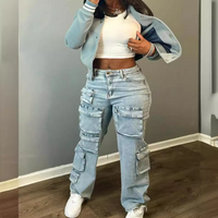 Clothing Sexy Street Fashion Three Dimensional Pocket Workwear Style High Elastic Denim Straight Trousers