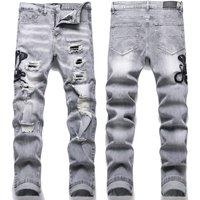 Clothing Distressed Embroidered Jeans Trendy Stretch Slim Fit American High Street Style Trousers