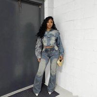 Trendy Distressed Denim Hoodie Set Slim Fit Cropped Jacket & Pants Vintage Wash Streetwear Fashion Fall