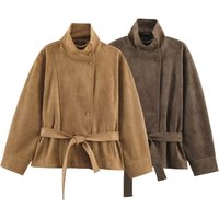 Stand Up Collar Jacket Belt Suede Texture Fashion Best Selling