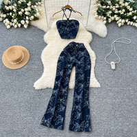 Women’s Clothing Internet Celebrity New Pure Desire Hot Girl Butterfly Print Halter Neck Suspender Tube Top High Waist Jeans Summer Two Piece Suit