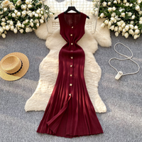 Clothing Round Neck Sleeveless Knitted Dress Slim fit Slimming Metal breasted Tight Hip Dress