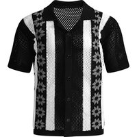 3D Hollow Out Short Sleeve Knit Cardigan Breathable Summer Casual Stripe Shirt Slim Fit Comfort