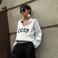 Clothing letter woven hem tightened soft waxy sweater female lapel personalized design long sleeved sweater