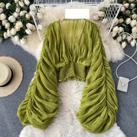 Women's clothing tops for women, design, niche, pleated puff sleeves, slim, short, fashionable, blogger, versatile chiffon shirt