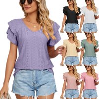 Solid Double layer Sleeve V neck Loose Short Sleeve T shirt Tops