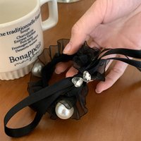 Pearl & Tulle Hair Tie For Women – Elegant Low Ponytail Holder (Sheer Scrunchies, Stylish Hair Accessories)