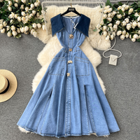 Large Lapel Sleeveless Vest Dress Female Scheming Hollow Exposed Waist Slim Long Retro Denim Dress