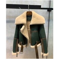 Women's Clothing Winter New Green Splicing Large Lapel Motorcycle Clothes Women's Thickened Short Fur Sheep Shearling Jacket