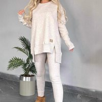 Split Hem Long Sleeve Round Neck Casual Solid Top Set Comfortable Daily Wear Autumn & Winter