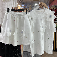 Clothing Summer Suit Studded Three Dimensional Flower T Shirt Top Elastic Waist Wide Leg Shorts Two Piece Set