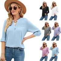 Clothing Solid Chiffon Shirt Loose V neck Pullover Long Sleeve Tops