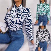 2025 Spring Summer Elegant Color-Block Striped Tie Lantern Sleeve Chiffon Blouse Women’s Fashion