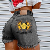 raw edge denim shorts printed holes casual summer net mini shorts