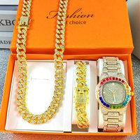 Hip Hop Watch Set Diamond Accents Quartz Movement Watch Box Included