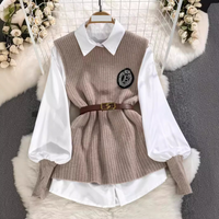 Women’s Clothing  lantern long sleeve loose slim mid length shirt tie waist knitted vest vest two piece suit for women