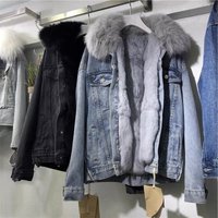 Women's Clothing Design Stitching Blue Denim Jacket Fashionable Quilted Thick Warm Fur Plush Coat